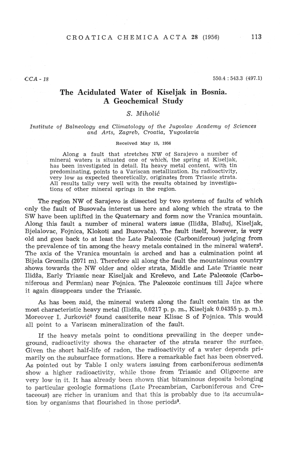 The Acidulated Water of Kiseljak in Bosnia. a Geochemical Study S