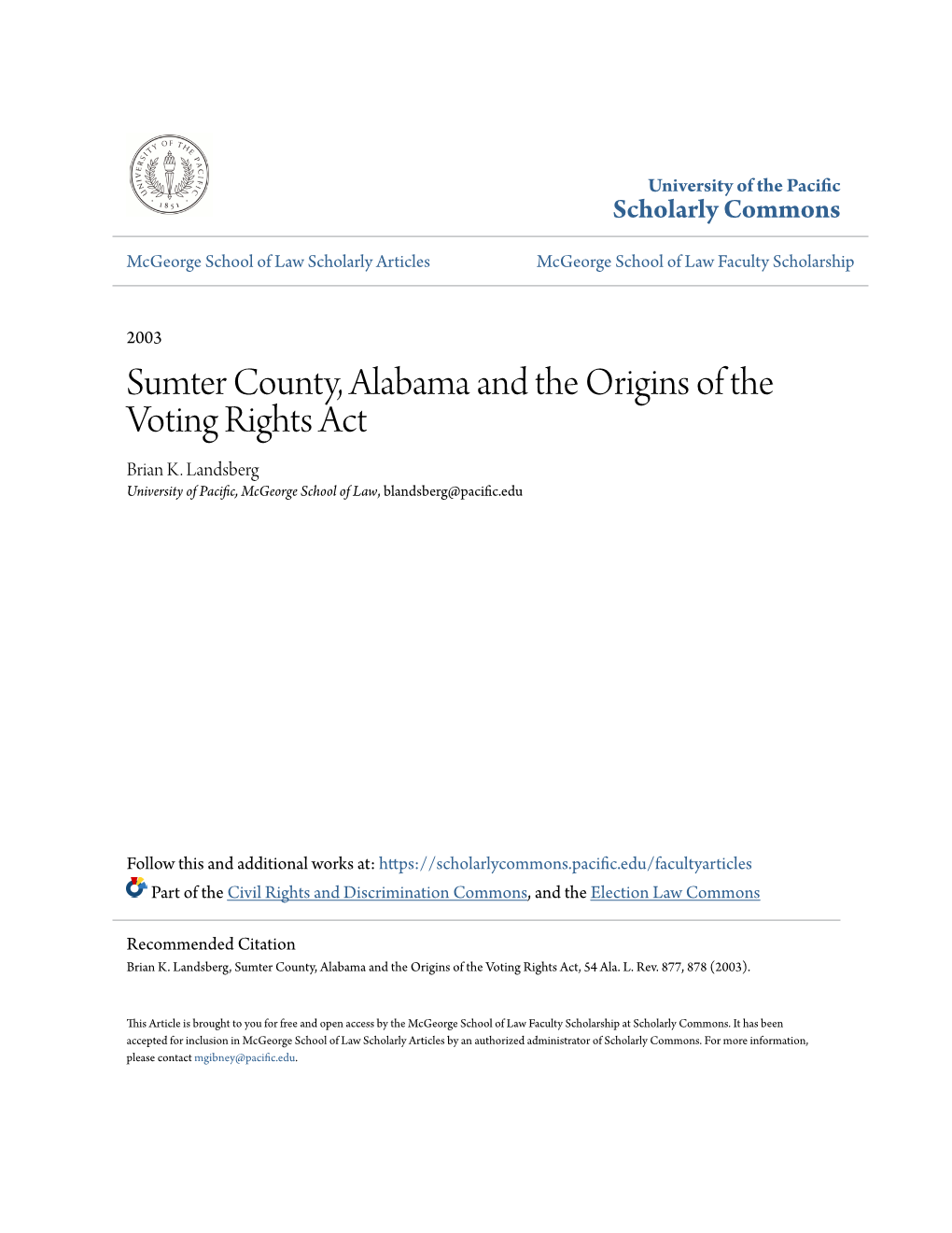 Sumter County, Alabama and the Origins of the Voting Rights Act Brian K