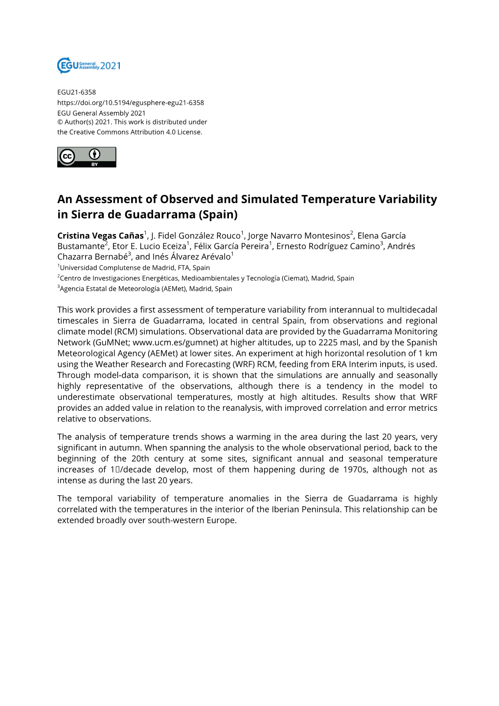 An Assessment of Observed and Simulated Temperature Variability in Sierra De Guadarrama (Spain)