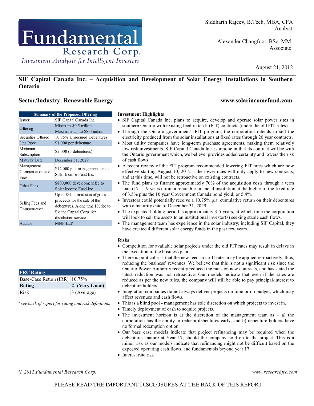 SIF Capital Canada Inc. – Acquisition and Development of Solar Energy Installations in Southern Ontario