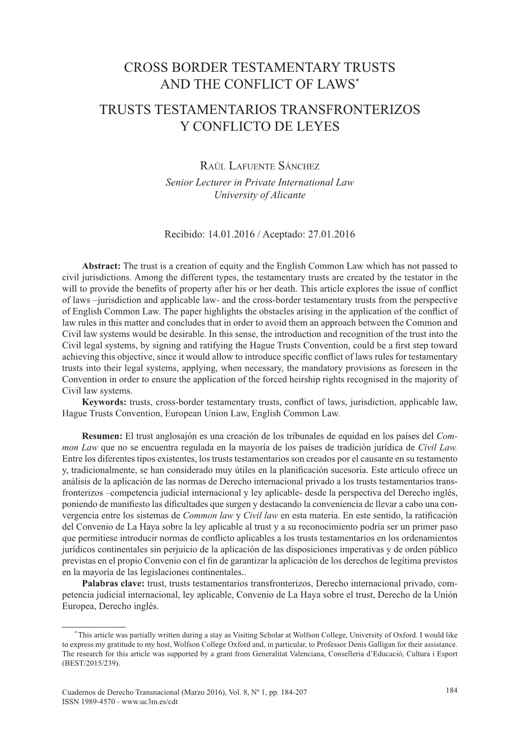 Cross Border Testamentary Trusts and the Conflict of Laws* Trusts Testamentarios Transfronterizos Y Conflicto De Leyes