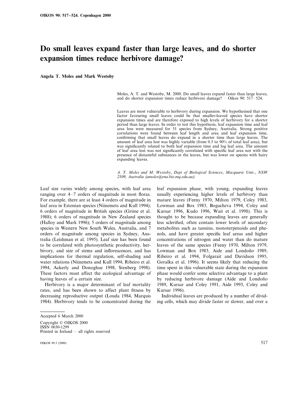 Do Small Leaves Expand Faster Than Large Leaves, and Do Shorter Expansion Times Reduce Herbivore Damage?