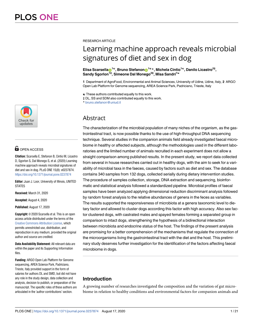 Learning Machine Approach Reveals Microbial Signatures of Diet and Sex in Dog