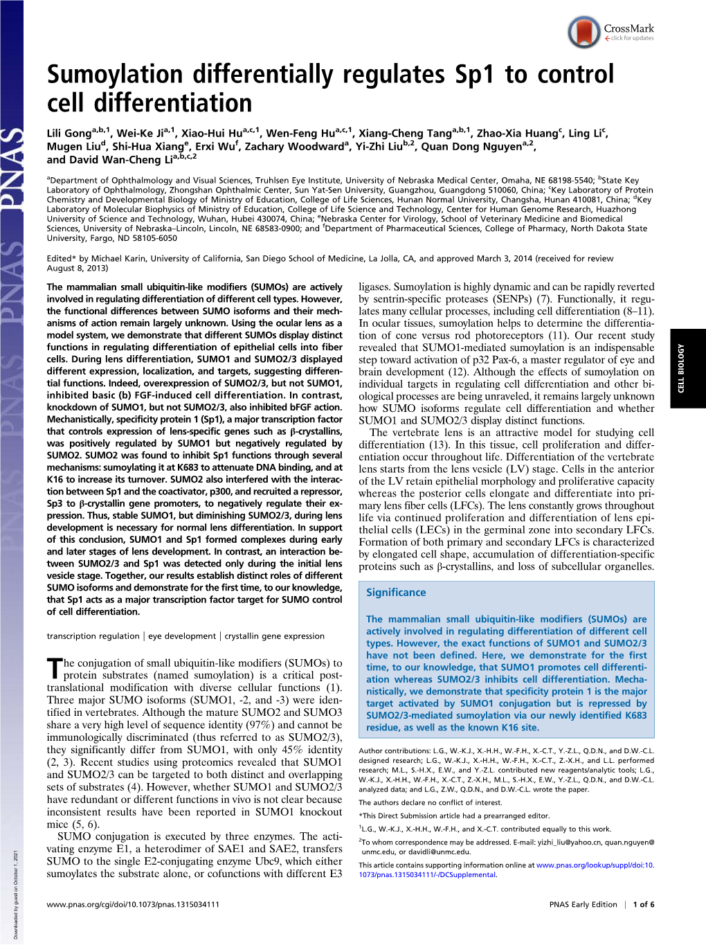 Sumoylation Differentially Regulates Sp1 to Control Cell Differentiation