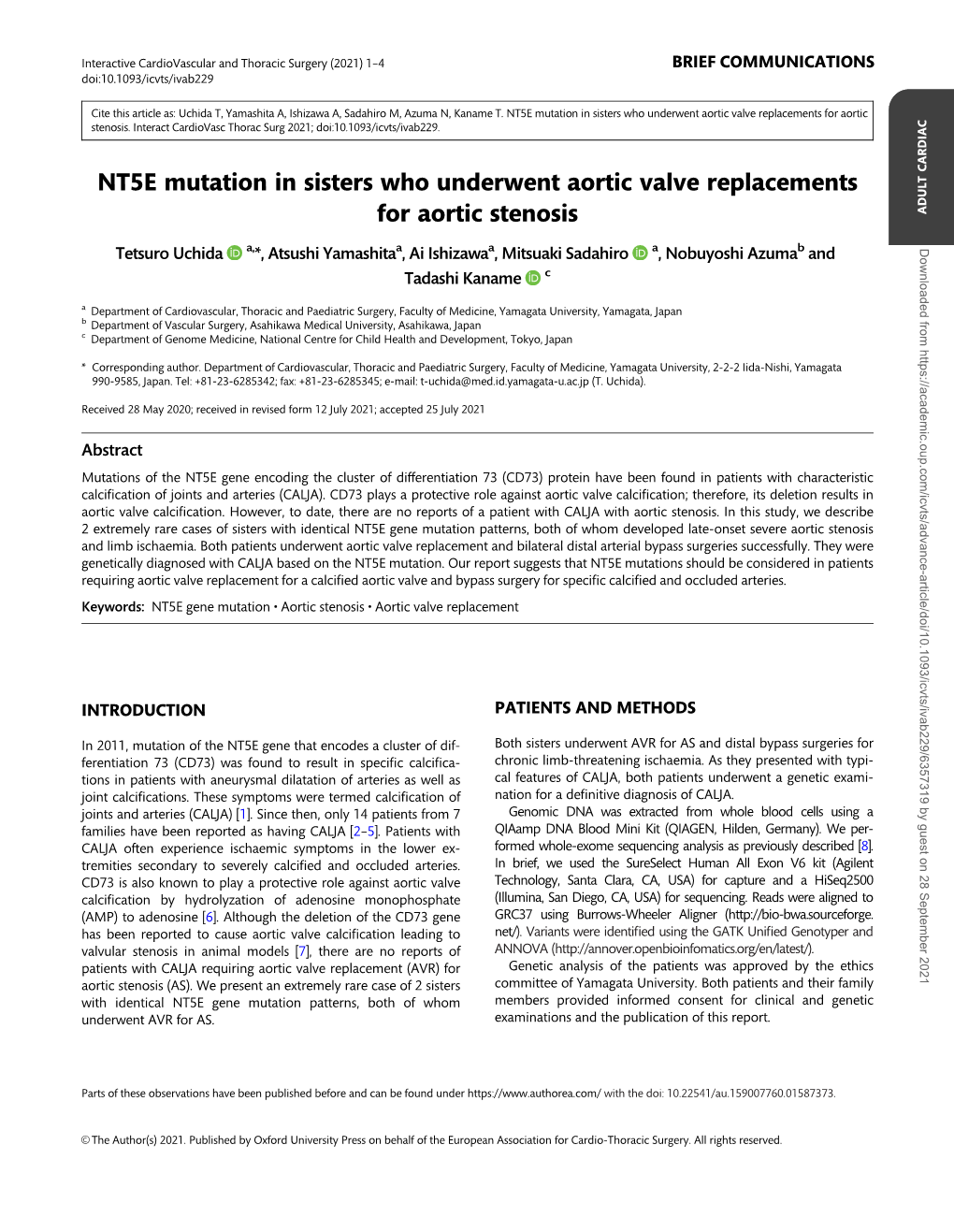 NT5E Mutation in Sisters Who Underwent Aortic Valve Replacements for Aortic Stenosis