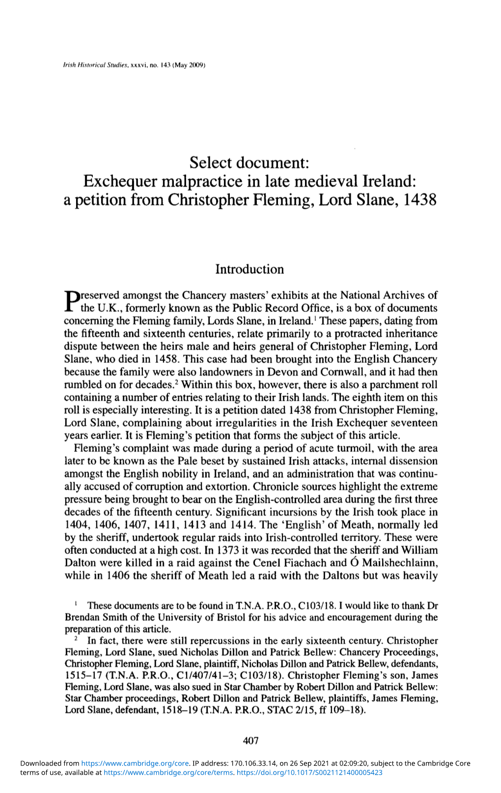 Select Document: Exchequer Malpractice in Late Medieval Ireland: a Petition from Christopher Fleming, Lord Slane, 1438