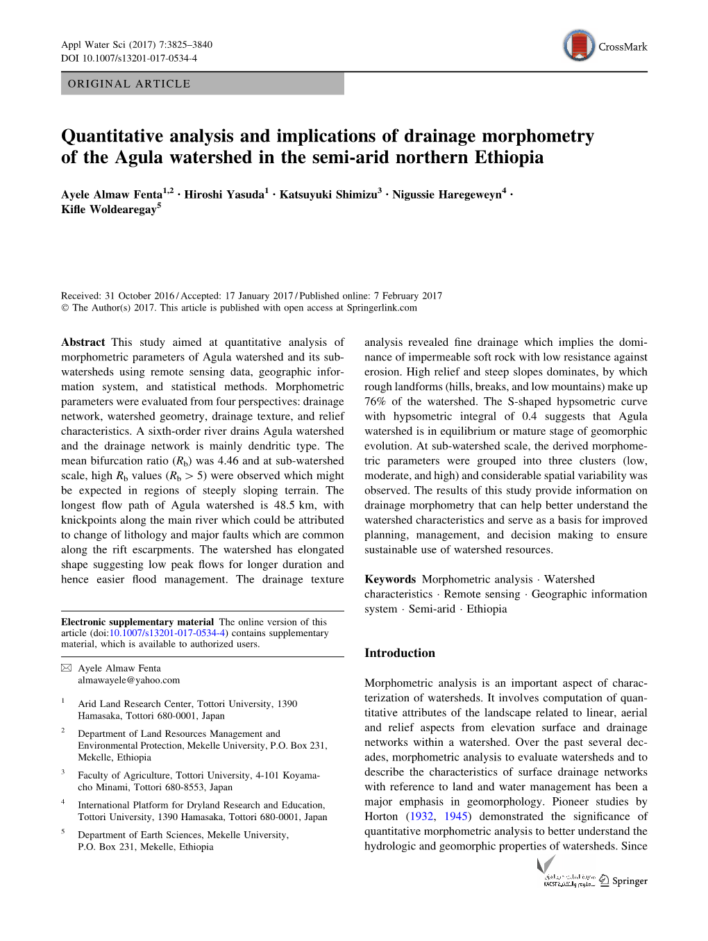 Quantitative Analysis and Implications of Drainage Morphometry of the Agula Watershed in the Semi-Arid Northern Ethiopia