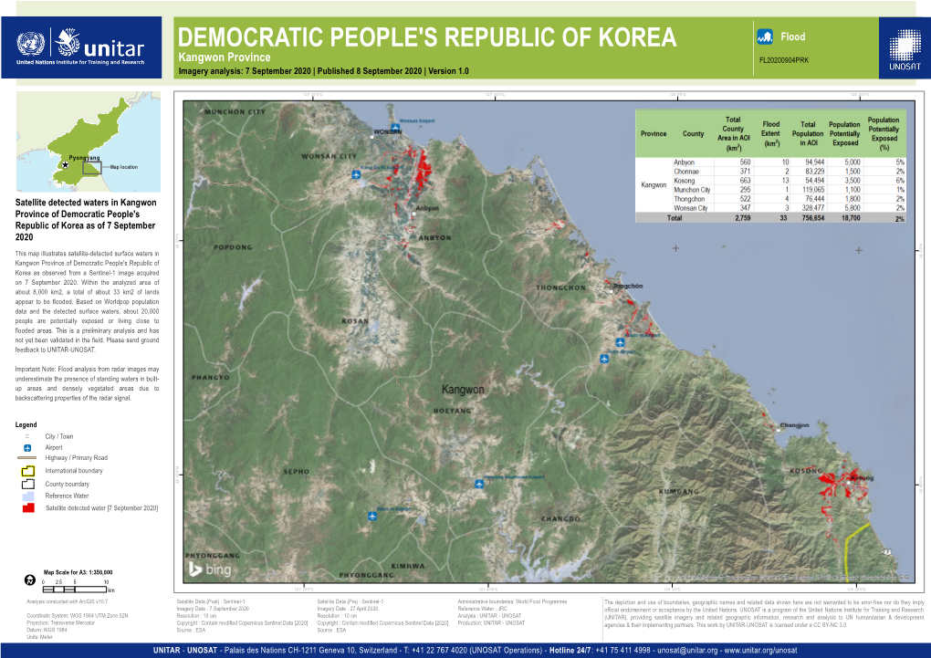 DEMOCRATIC PEOPLE's REPUBLIC of KOREA a Flood Kangwon Province FL20200904PRK Imagery Analysis: 7 September 2020 | Published 8 September 2020 | Version 1.0