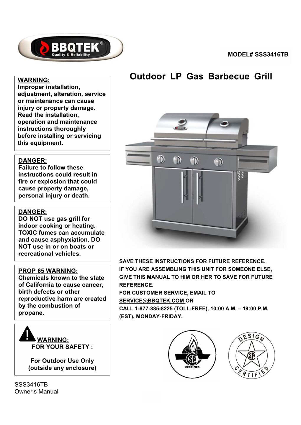 Outdoor LP Gas Barbecue Grill Improper Installation, Adjustment, Alteration, Service Or Maintenance Can Cause Injury Or Property Damage