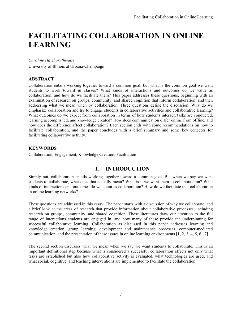 Facilitating Collaboration in Online Learning