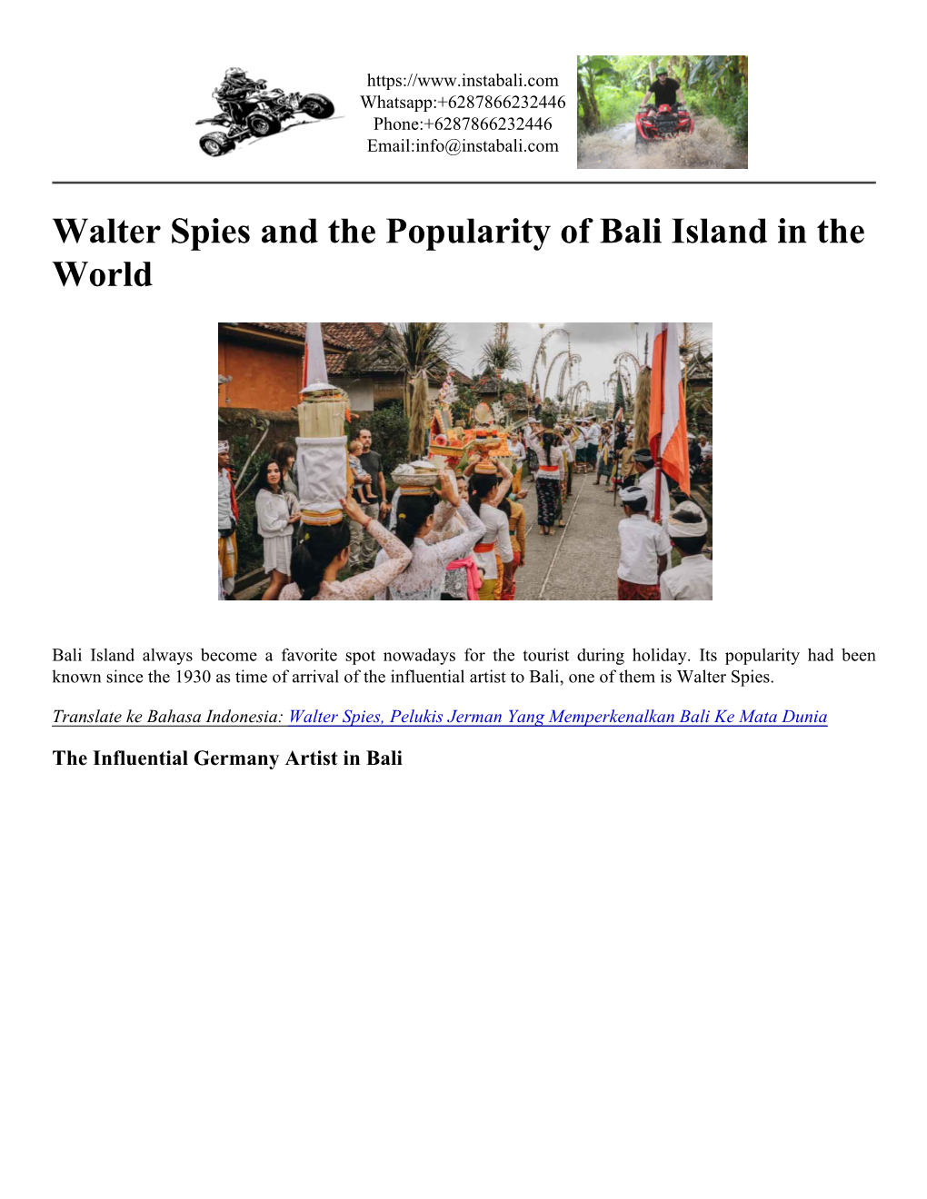 Walter Spies and the Popularity of Bali Island in the World