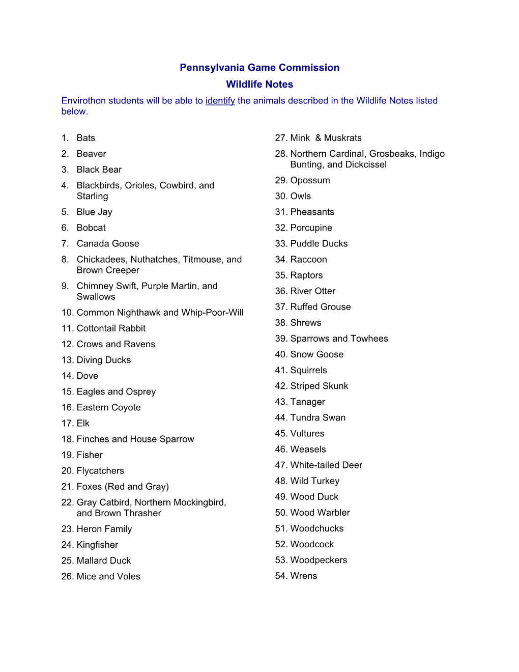 Wildlife Notes Envirothon Students Will Be Able to Identify the Animals Described in the Wildlife Notes Listed Below