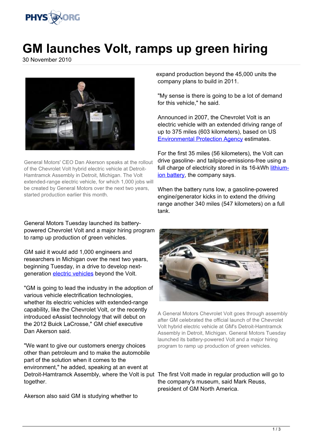 GM Launches Volt, Ramps up Green Hiring 30 November 2010