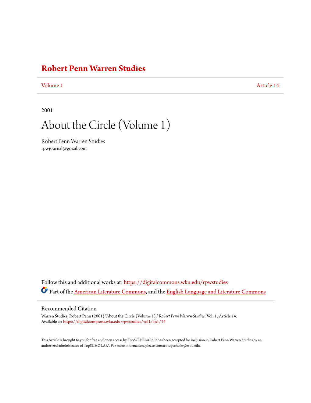 About the Circle (Volume 1) Robert Penn Warren Studies Rpwjournal@Gmail.Com