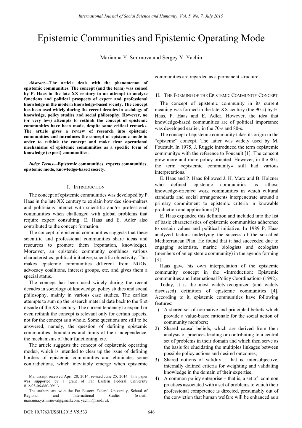 Epistemic Communities and Epistemic Operating Mode