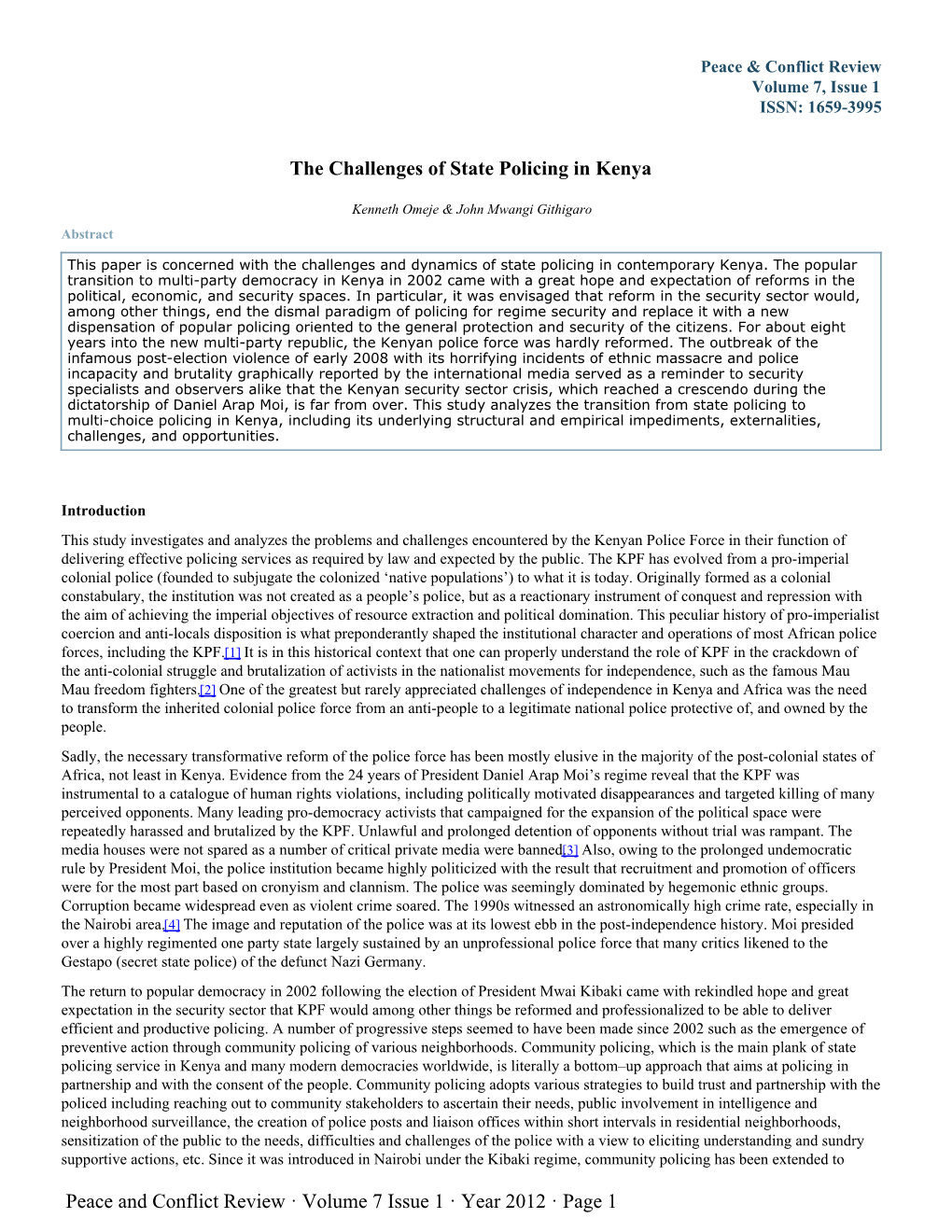 The Challenges of State Policing in Kenya Peace and Conflict Review