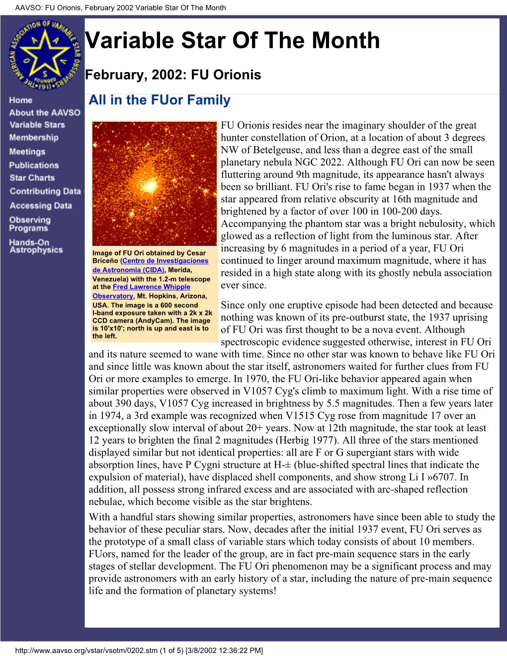FU Orionis, February 2002 Variable Star of the Month Variable Star of the Month