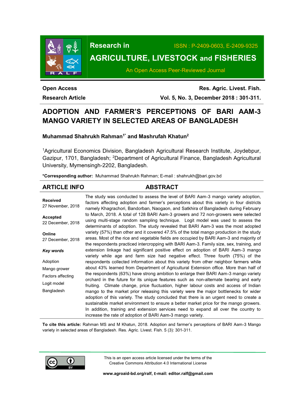 Research in ISSN : P-2409-0603, E-2409-9325 AGRICULTURE, LIVESTOCK and FISHERIES