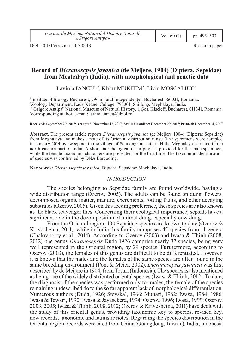 Diptera, Sepsidae) from Meghalaya (India), with Morphological and Genetic Data Lavinia IANCU1, *, Khlur MUKHIM2, Liviu MOSCALIUC3