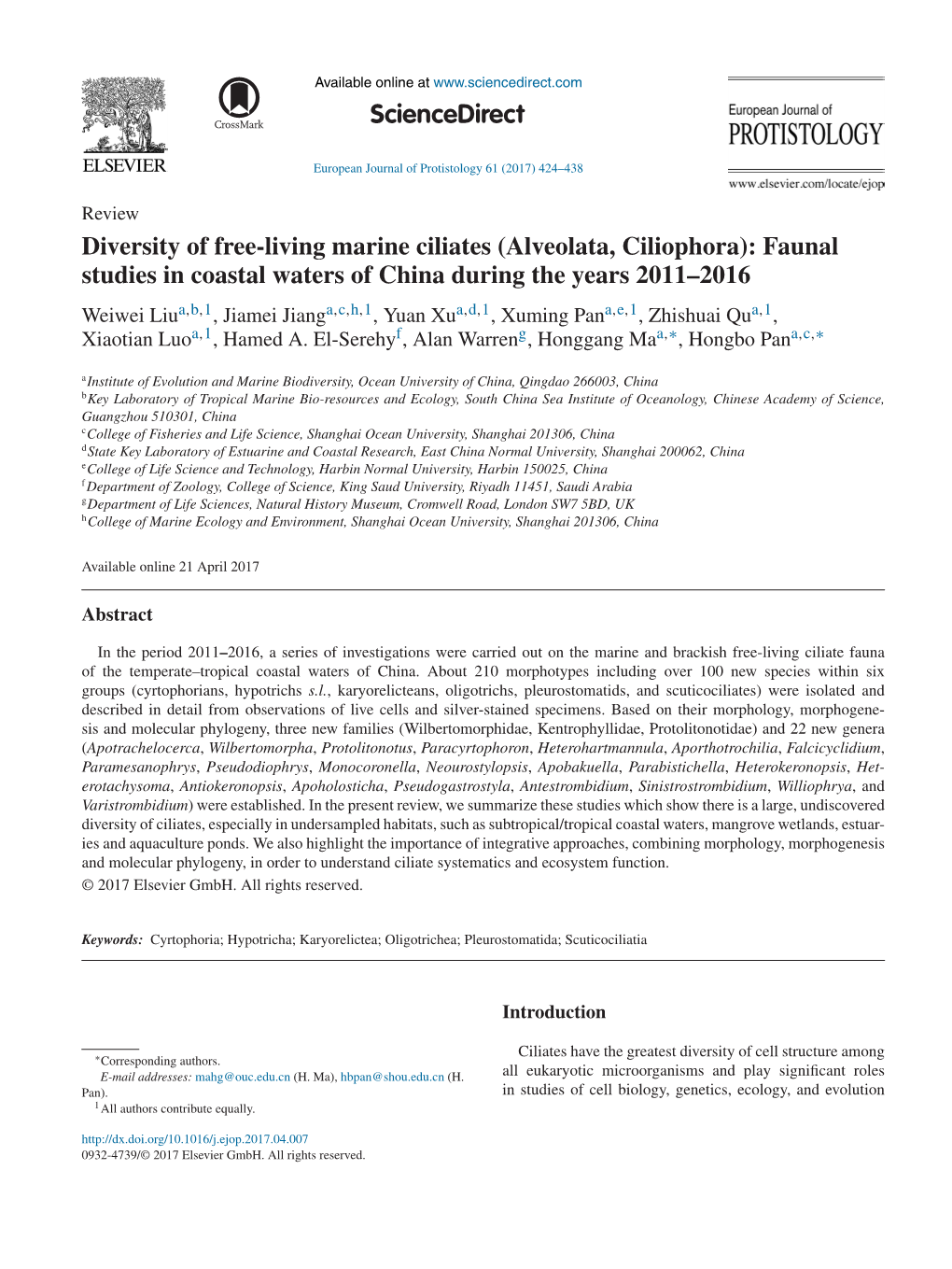 Diversity of Free-Living Marine Ciliates (Alveolata, Ciliophora): Faunal