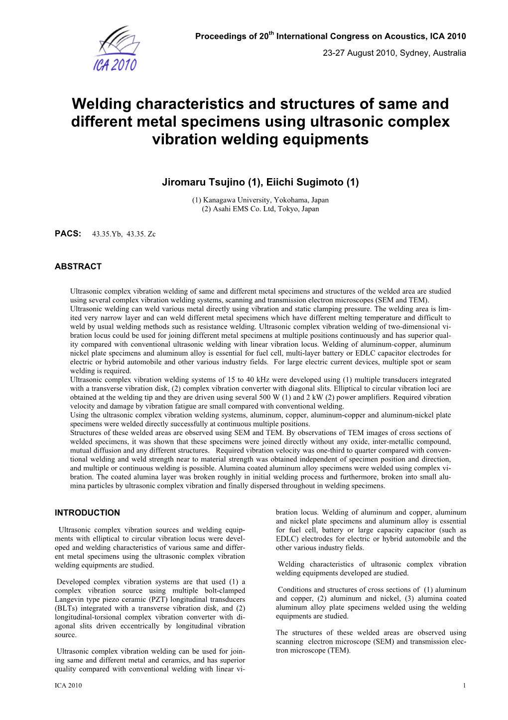 Welding Characteristics and Structures of Same and Different Metal Specimens Using Ultrasonic Complex Vibration Welding Equipments