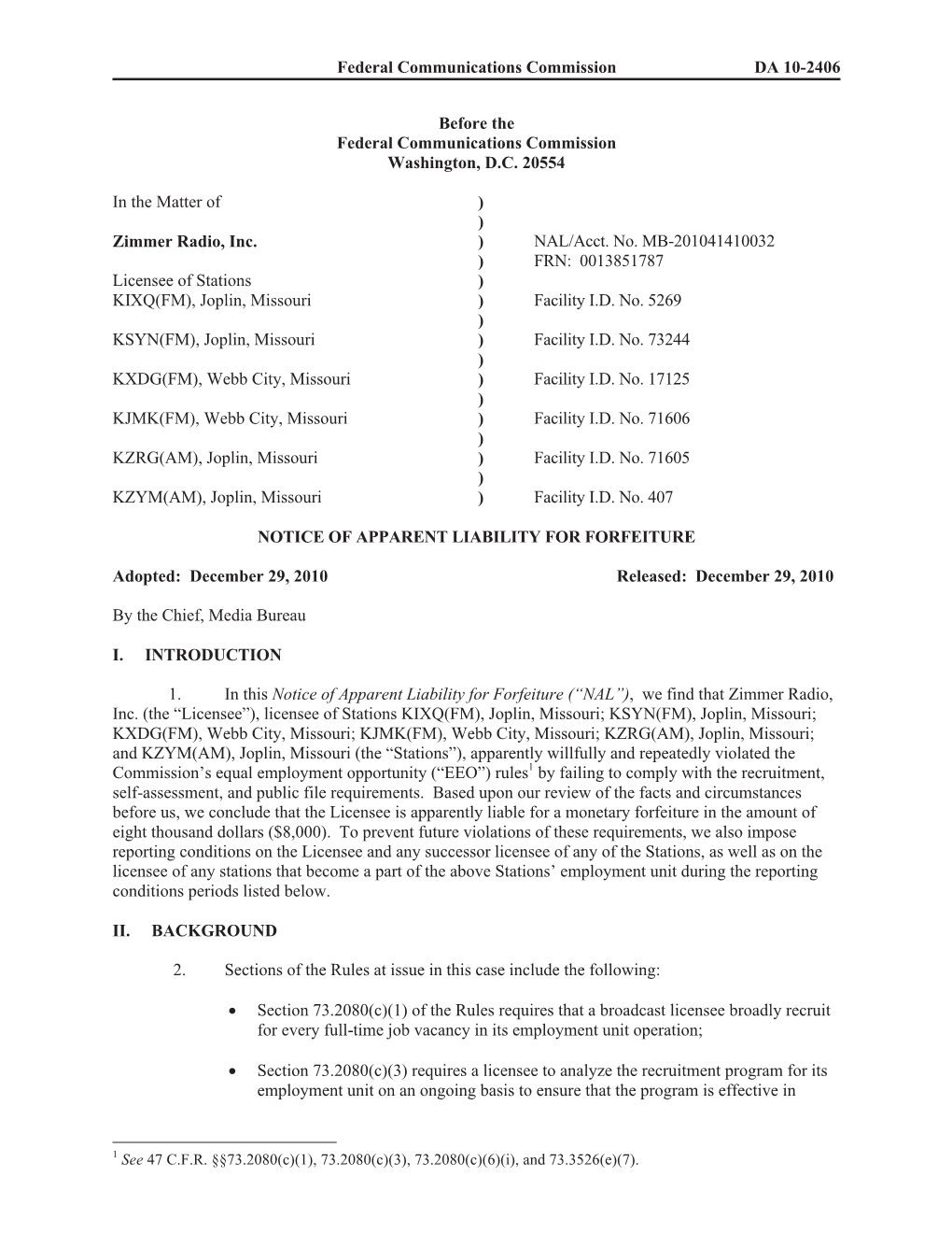 Federal Communications Commission DA 10-2406 Before the Federal