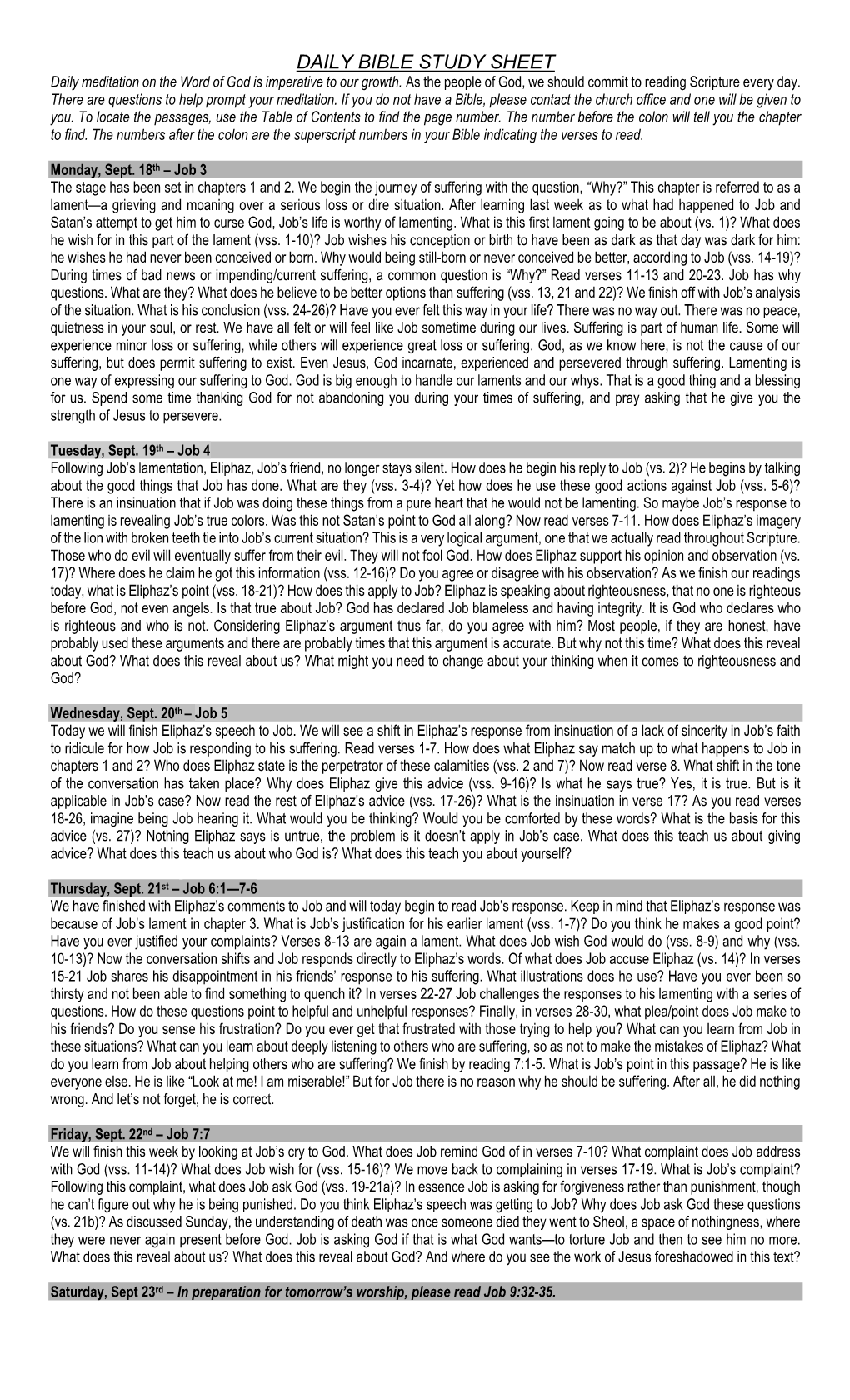 DAILY BIBLE STUDY SHEET Daily Meditation on the Word of God Is Imperative to Our Growth