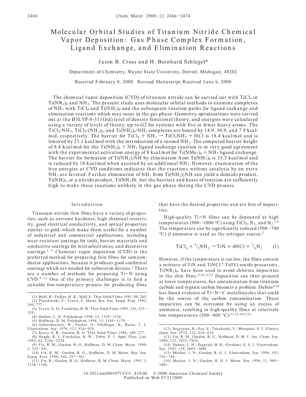 Molecular Orbital Studies of Titanium Nitride Chemical Vapor Deposition: Gas Phase Complex Formation, Ligand Exchange, and Elimination Reactions