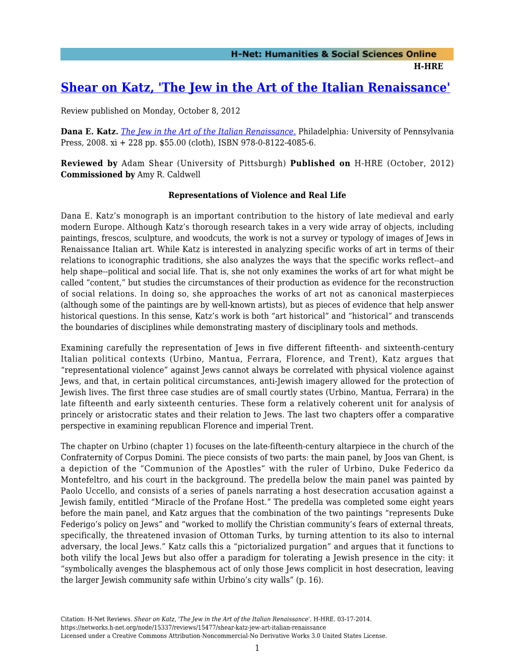 Shear on Katz, 'The Jew in the Art of the Italian Renaissance'