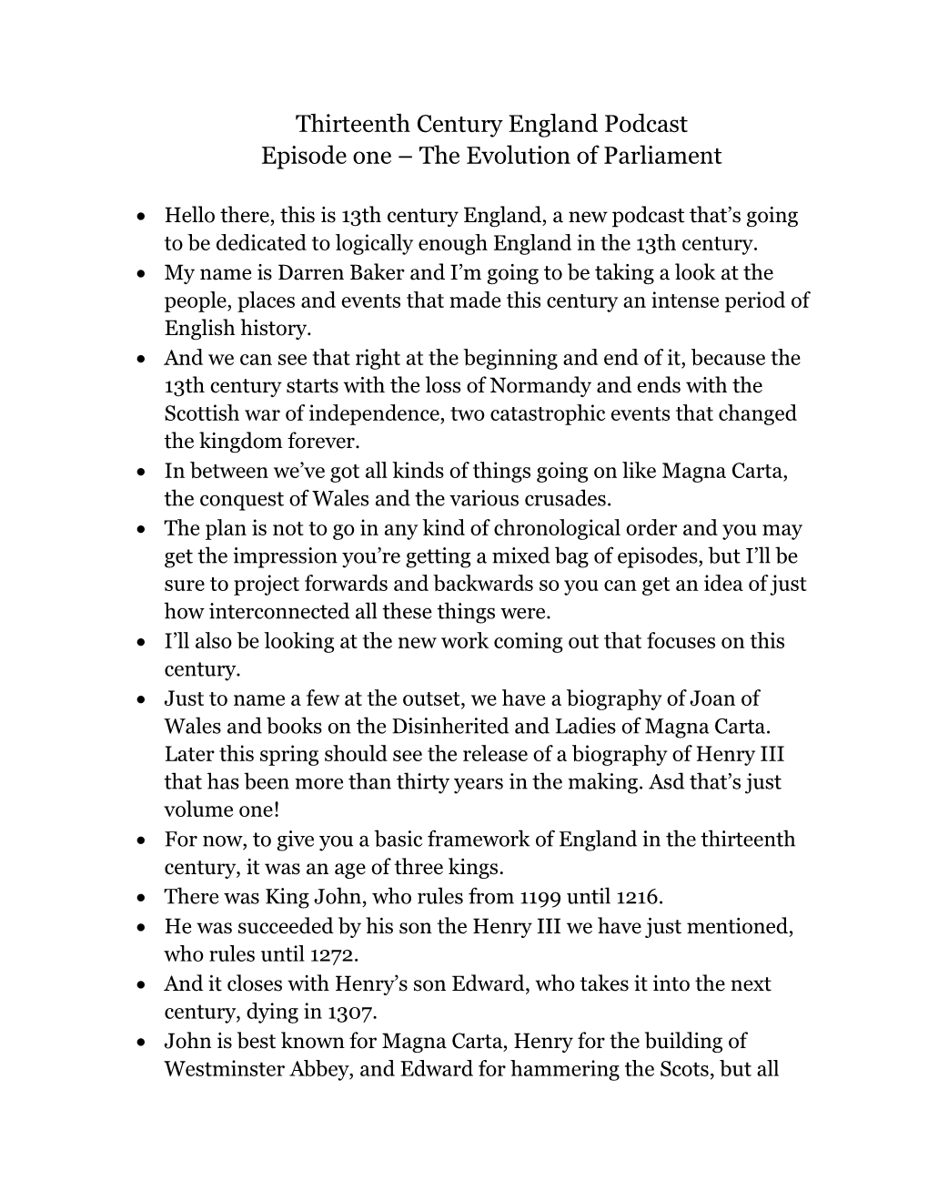 Thirteenth Century England Podcast Episode One – the Evolution of Parliament