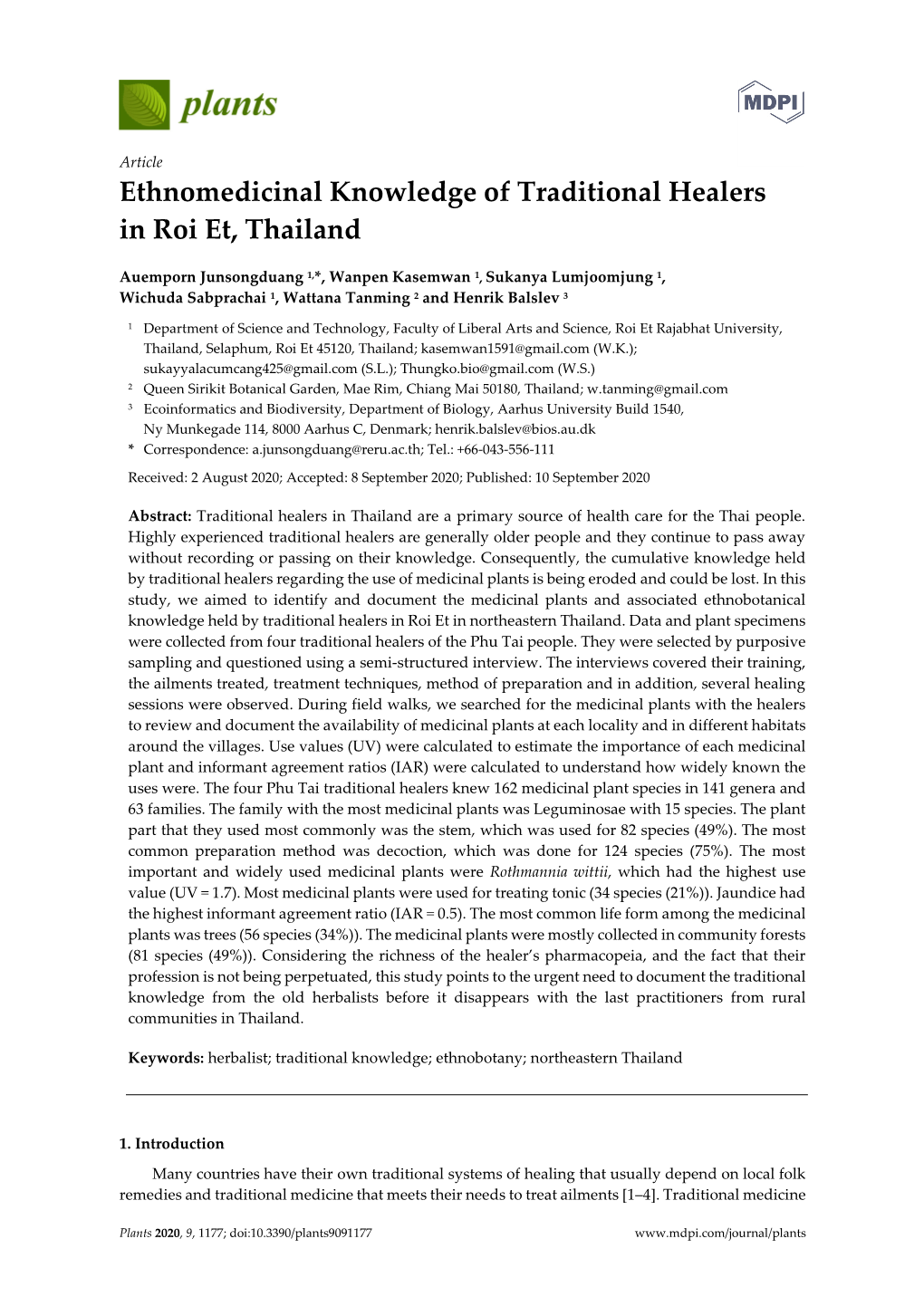Ethnomedicinal Knowledge of Traditional Healers in Roi Et, Thailand