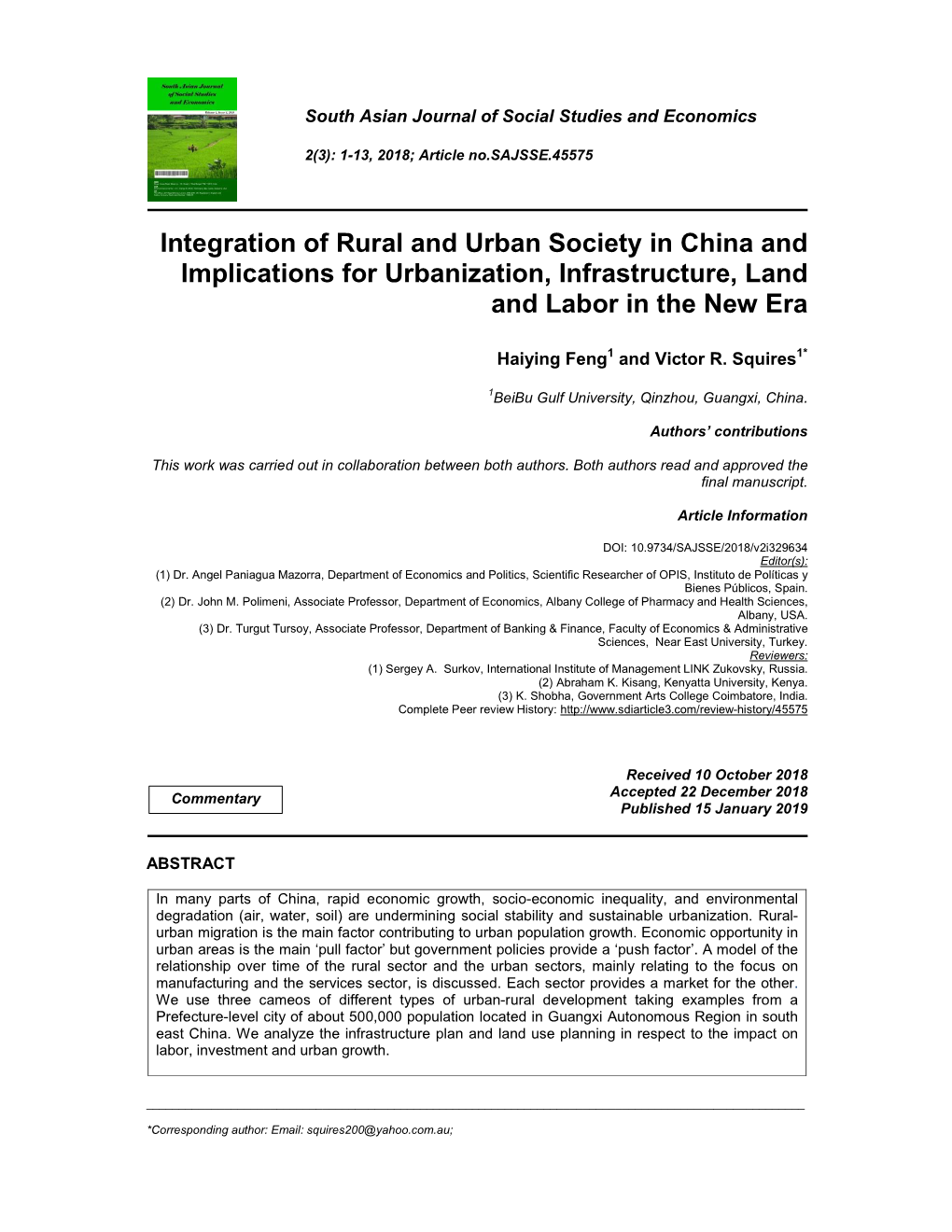 Integration of Rural and Urban Society in China and Implications for Urbanization, Infrastructure, Land and Labor in the New Era