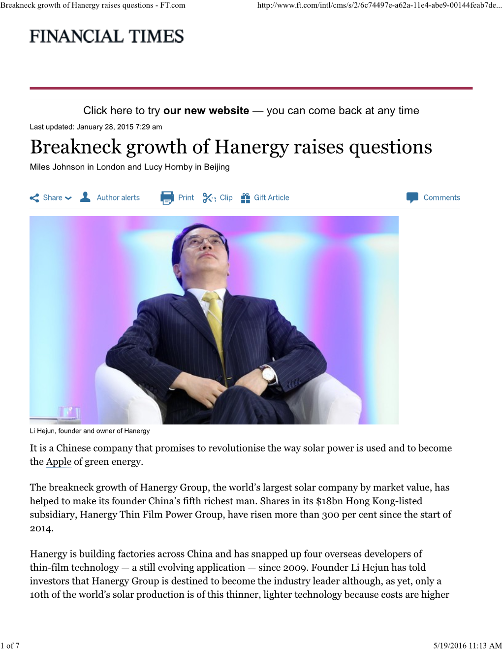 Breakneck Growth of Hanergy Raises Questions - FT.Com