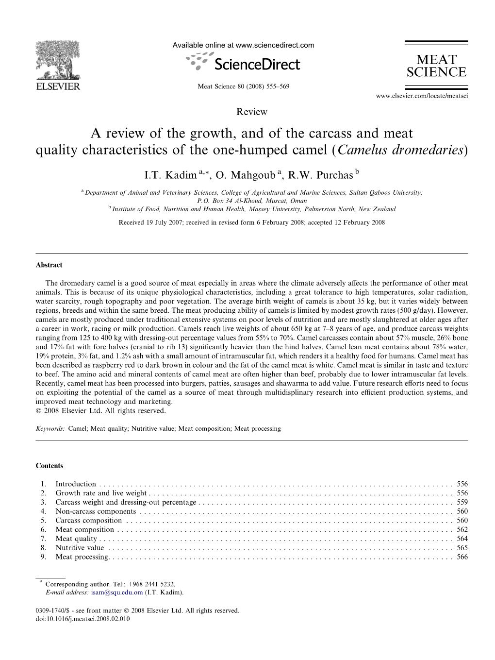 A Review of the Growth, and of the Carcass and Meat Quality Characteristics of the One-Humped Camel (Camelus Dromedaries)