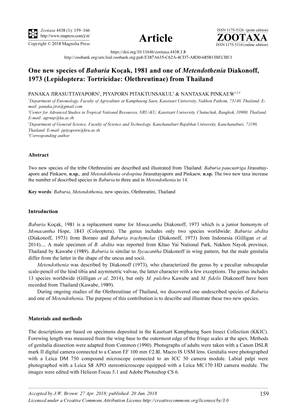 One New Species of Baburia Koçak, 1981 and One of Metendothenia Diakonoff, 1973 (Lepidoptera: Tortricidae: Olethreutinae) from Thailand