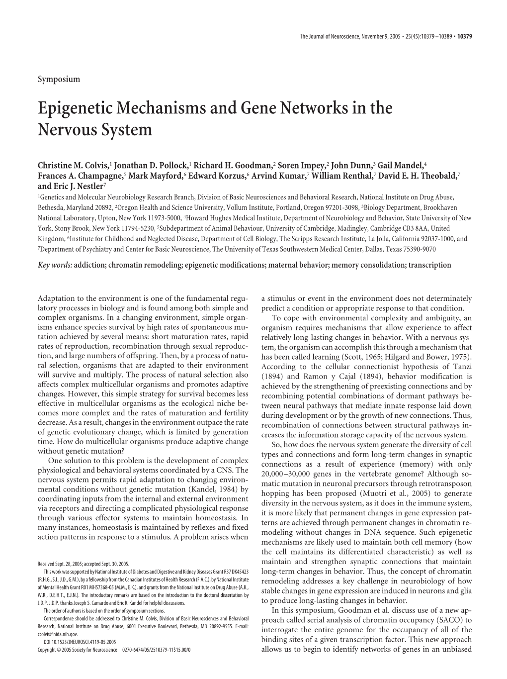 Epigenetic Mechanisms and Gene Networks in the Nervous System