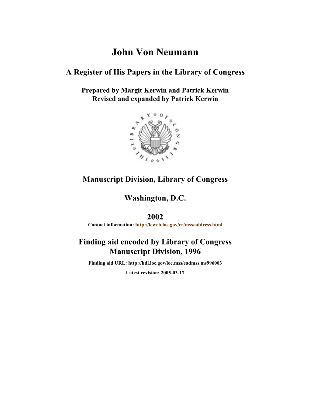 Papers of John Von Neumann [Finding Aid]. Library of Congress