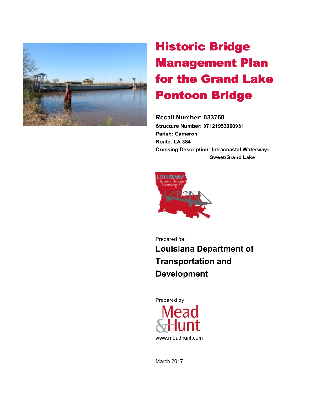 Historic Bridge Management Plan for the Grand Lake Pontoon Bridge