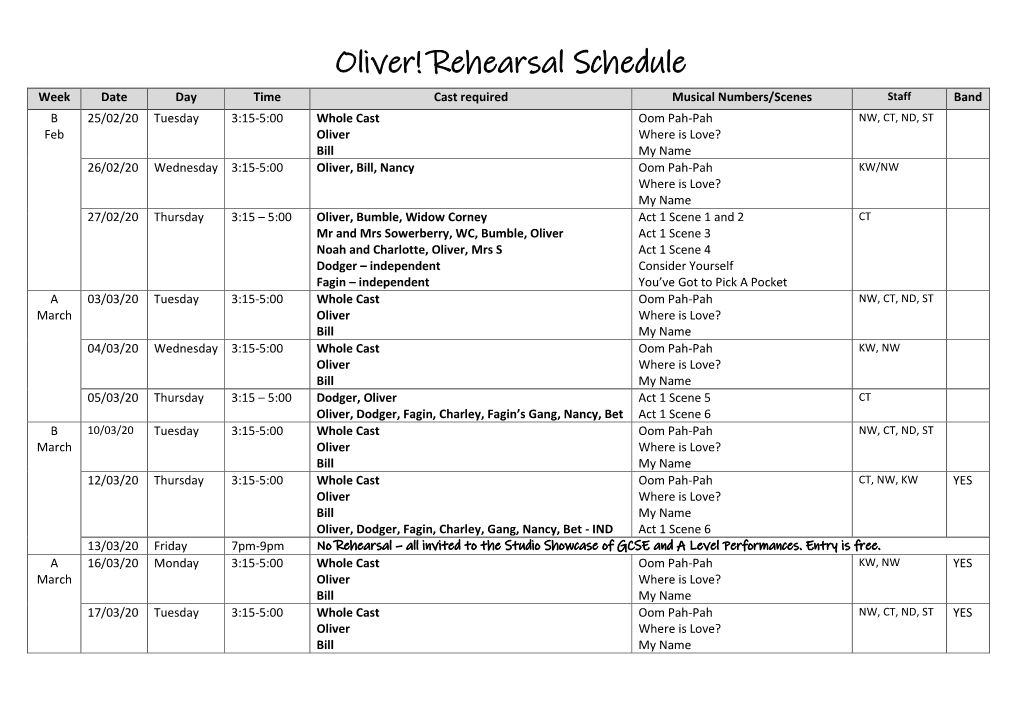 Oliver! Rehearsal Schedule