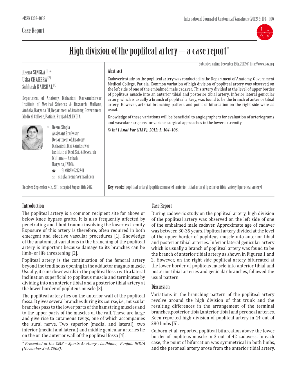 High Division of the Popliteal Artery – a Case Report*