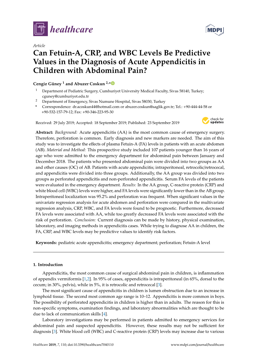 Can Fetuin-A, CRP, and WBC Levels Be Predictive Values in the Diagnosis of Acute Appendicitis in Children with Abdominal Pain?