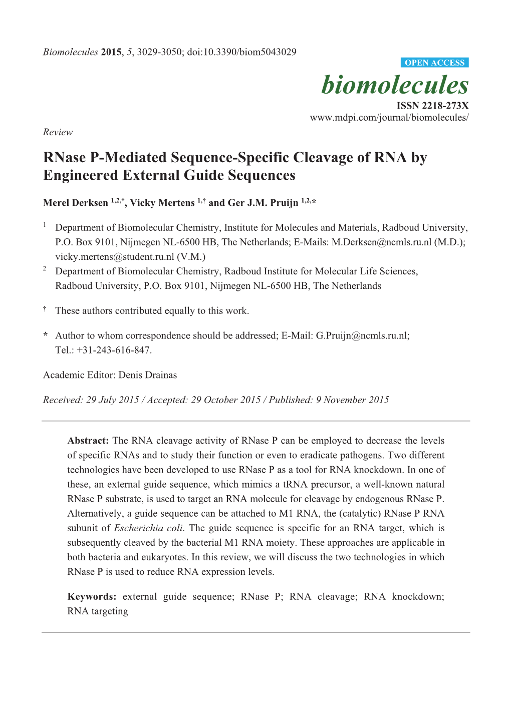 Rnase P-Mediated Sequence-Specific Cleavage of RNA by Engineered External Guide Sequences