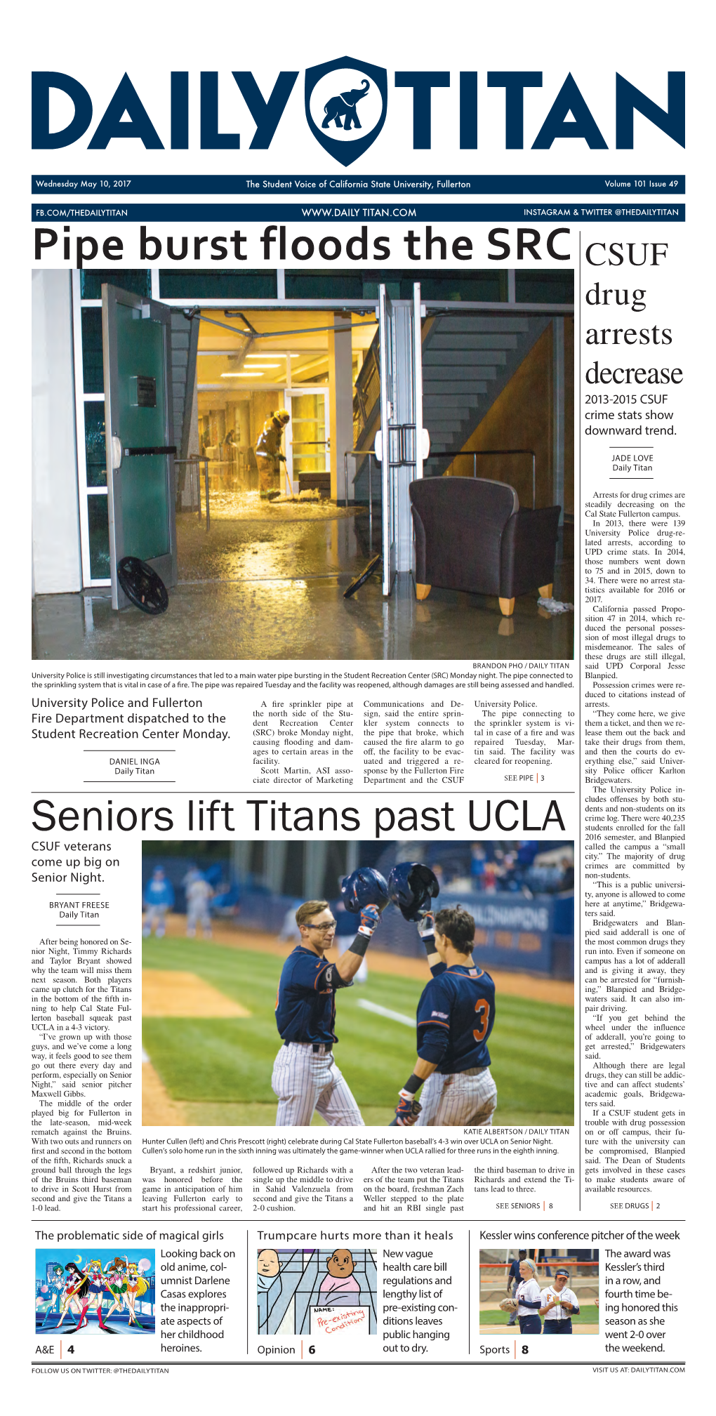 Pipe Burst Floods the SRC CSUF Drug Arrests Decrease 2013-2015 CSUF Crime Stats Show Downward Trend