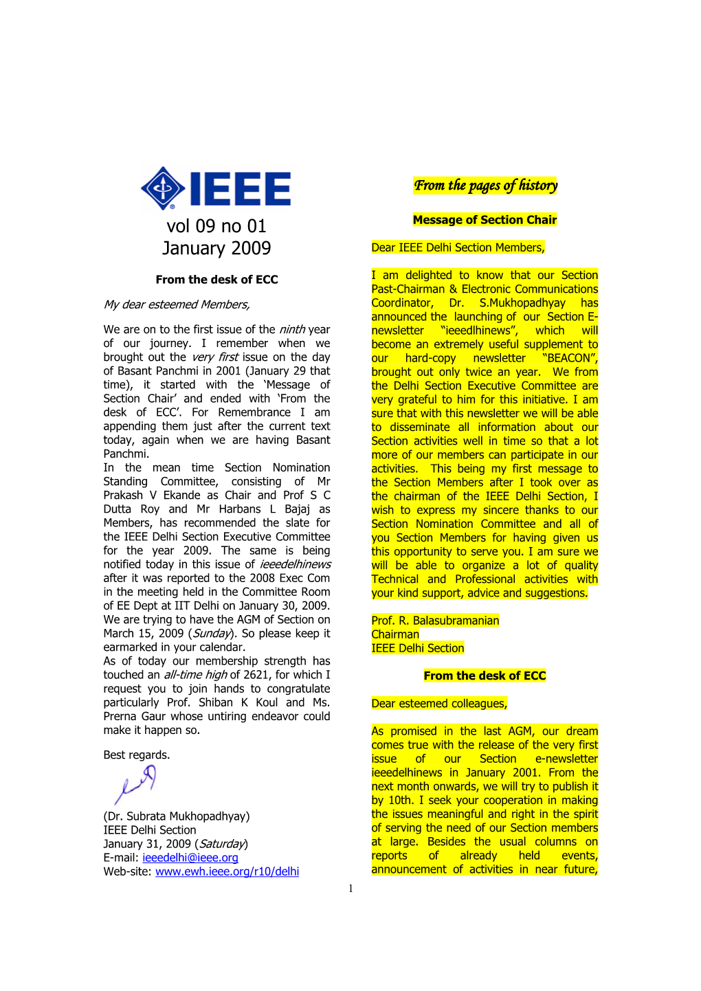 Vol 09 No 01 January 2009 Dear IEEE Delhi Section Members