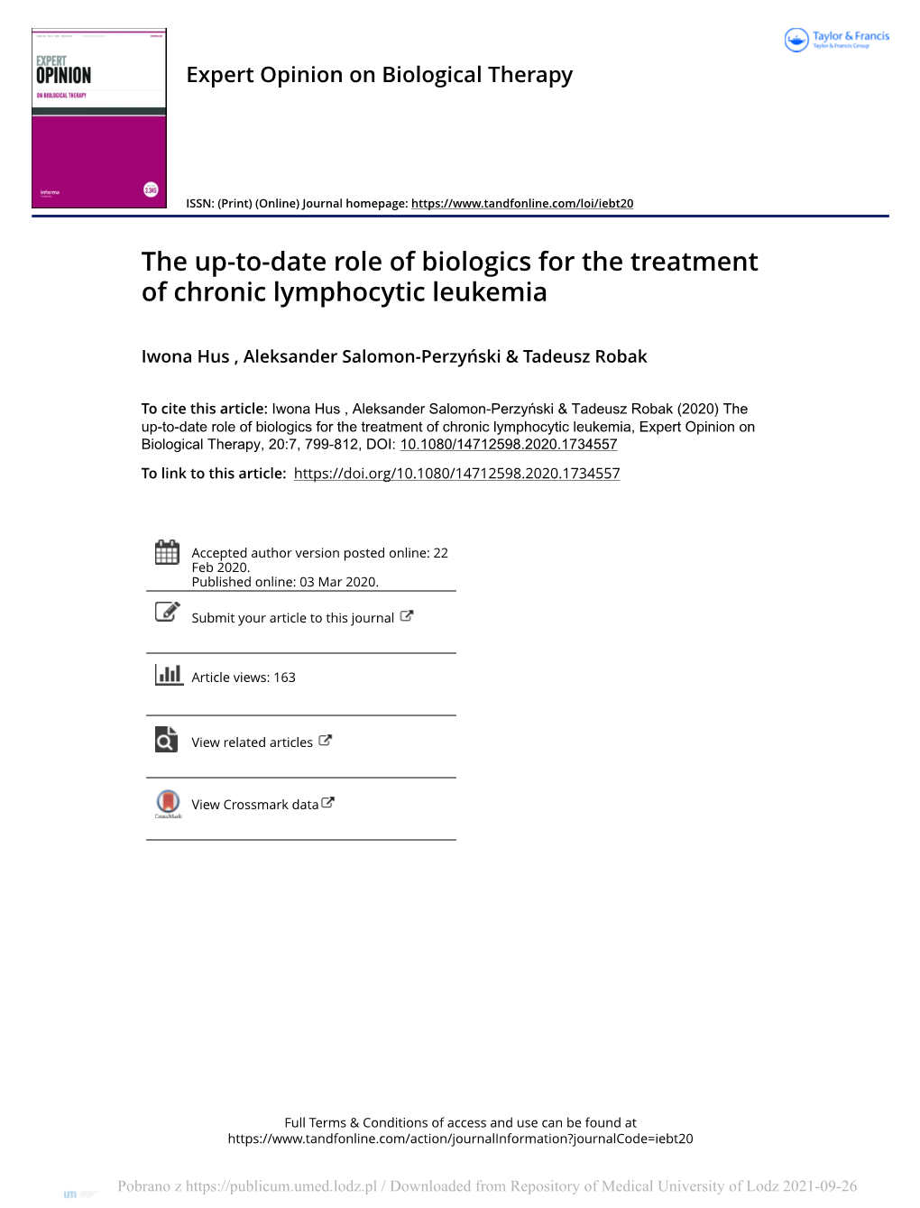 The Up-To-Date Role of Biologics for the Treatment of Chronic Lymphocytic Leukemia