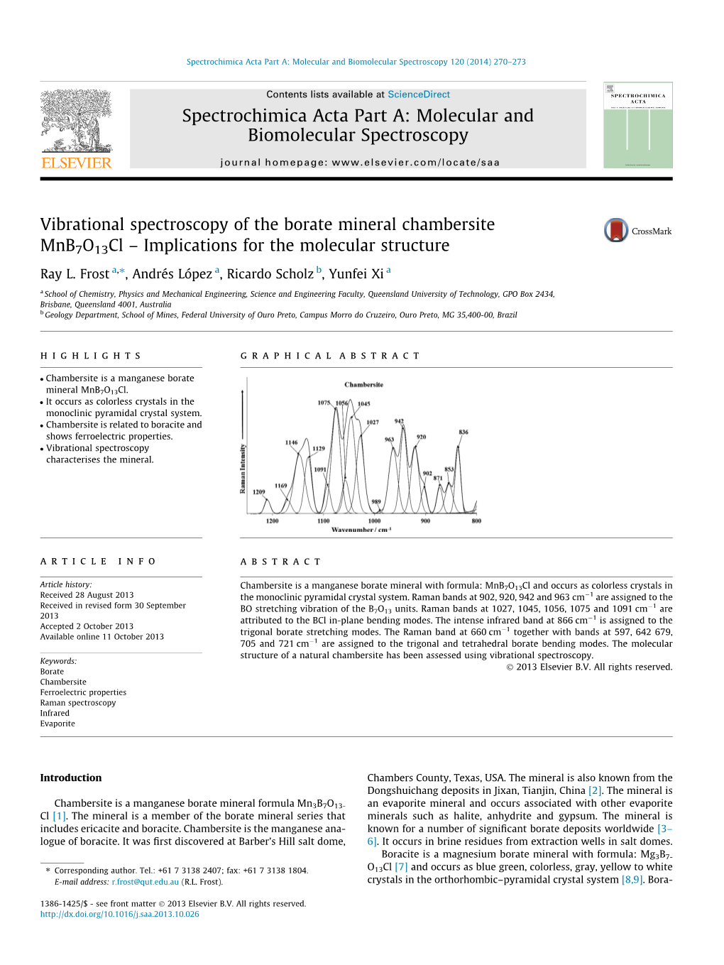 Vibrational Spectroscopy of the Borate Mineral Chambersite Mnb7o13cl Â