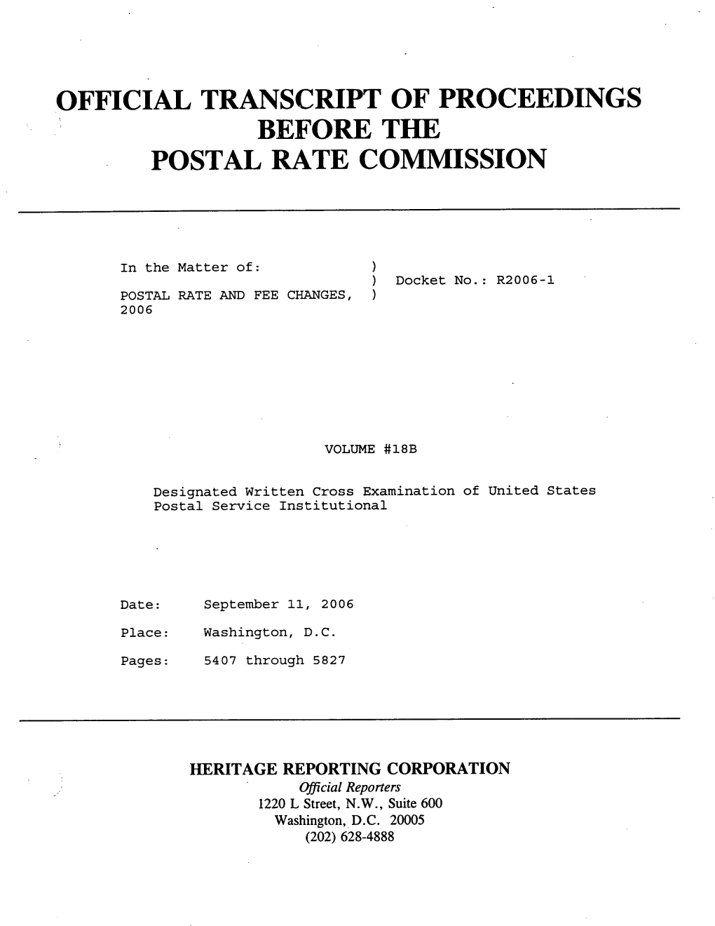 Official Transcript of Proceedings Before the Postal Rate Commission