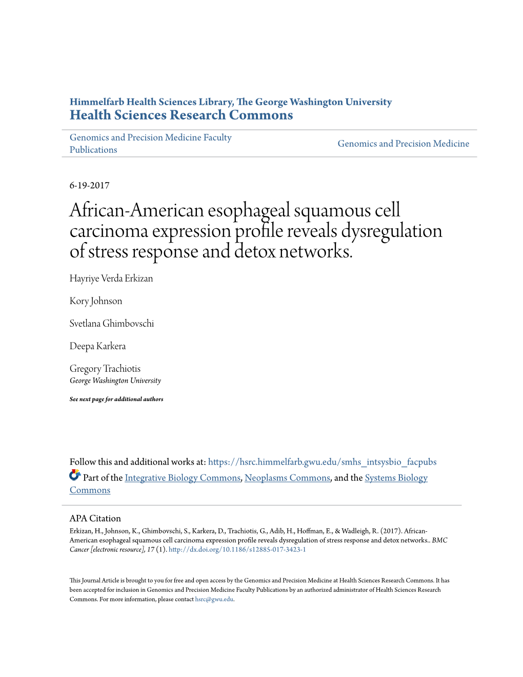 African-American Esophageal Squamous Cell Carcinoma Expression Profile Reveals Dysregulation of Stress Response and Detox Networks