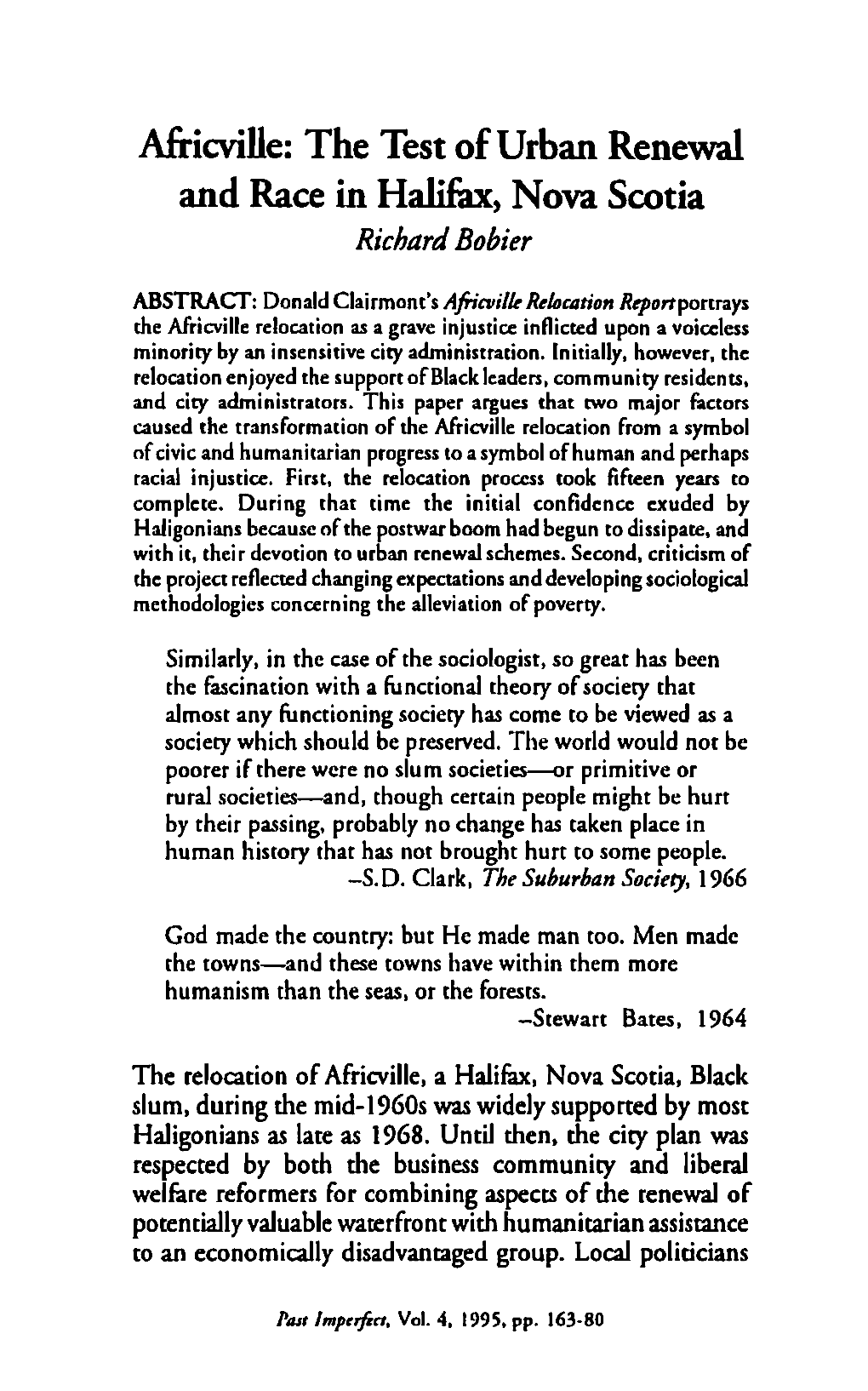 Africville: the Test of Urban Renewal and Race in Halifax, Nova Scotia Richard Bobier