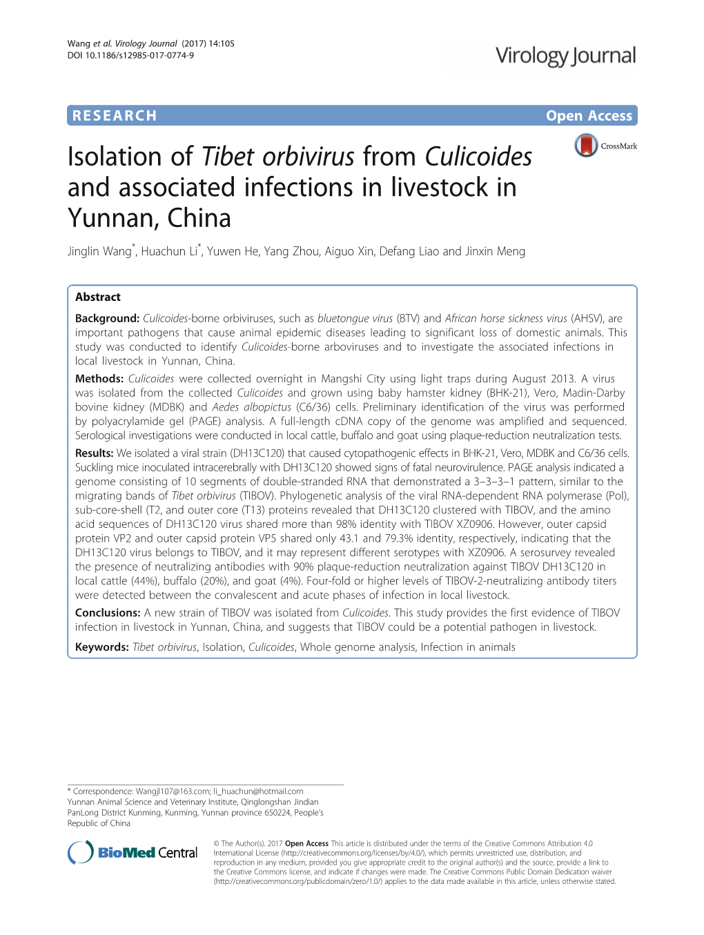 Isolation of Tibet Orbivirus from Culicoides and Associated